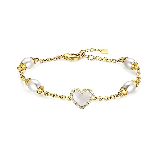 Image of Gold Pearl Bracelet for Women, REAL 14K Gold Plated Double Layered Dainty Pearls Bracelet, Elegant Stackable Flower Jewelry Gift for Her with OT Clasp