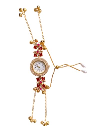 Image of Kashmiri Watch for Women | Gold Tone Round Dial | Crystal Studded Floral Design | Adjustable Chain Traditional Ethnic Jewellery Gift