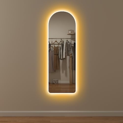 HOMCOM Arched Full Length Mirror with LED Lights, 120 x 40cm Backlit Frameless Wall Mirror with Dimming and 3 Colour Lighting for Living Room, Bedroom, Clear