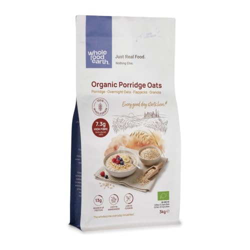 Wholefood Earth Organic Porridge Oats 3kg | High Fibre Wholegrain Rolled Oats | Bulk Value Pack | Creamy Porridge & Baking | No Added Sugar | Vegan | GMO Free | Certified Organic