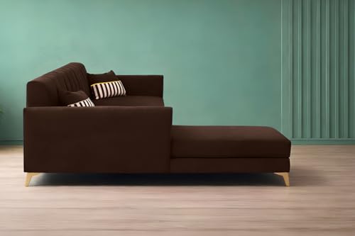 Image of Adorn India Premium Luster 6 Seater L Shape Sofa Set | Velvet Suede Fabric | 3-Year Warranty | LHS |Color Brown with Golden Legs & Striped Pattern Cushion