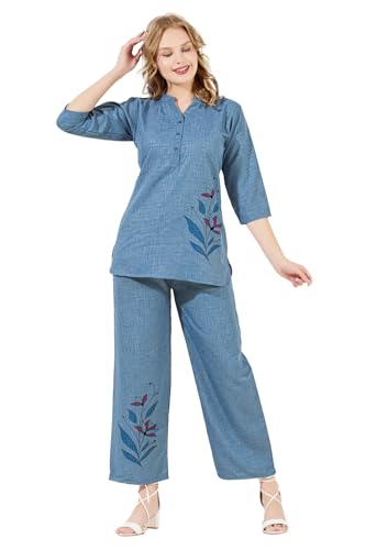 Image of Linen Printed Night Wear Top and Bottom Night Suit Set | Summer Outfit | Co-ord Set for Women | Shirt & Pajama | Night Suit Dress for Women