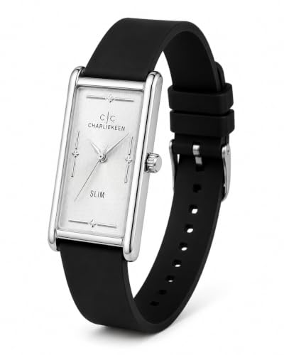 Image of CHARLIEKEEN Slim Rectangular Mens Analog Watch, Silver, Black, Silver | SILICONE STRAP