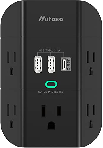 Outlet Extender with USB C - Surge Protector with 5 Outlet Splitter (3 Side) and 3 USB Charger, 1800 Joules Multi Plug Outlet Wall USB Outlet Spaced Adapter, Black
