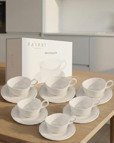 BAVARY Pearl Tasse A Cafe 200ml Avec Soucoupes, 12 Pcs (6 pers.) - Design Blanc Avec Bordure Perlée - Tasse A The En Porcelaine - Tasse Cafe Et Tasse...