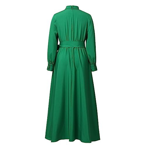 Image of CAMDOM Church Clergy Dress for Women Long Sleeve A Line Elegant Maxi Dress with Tab Insert Stand Collar and BeltA