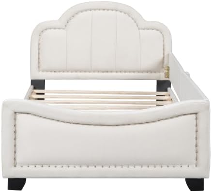 Miniatura 7 de Moderna cama tapizada de terciopelo de tamaño individual con cabecera en forma de nube para niños, marco de cama de perfil bajo, plataforma tamaño