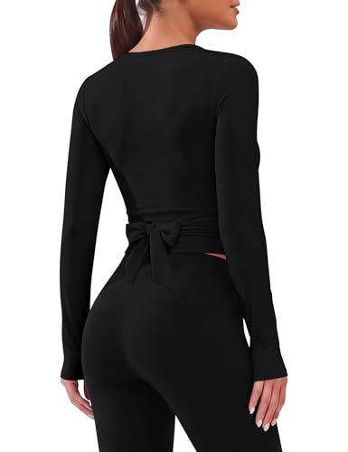 Women’s Pilates Wrap Top Thumbhole Sleeves Ballet Yoga Shirt with Front Bow Tie Long Sleeve Slim Fit Dance Workout Top — view 2