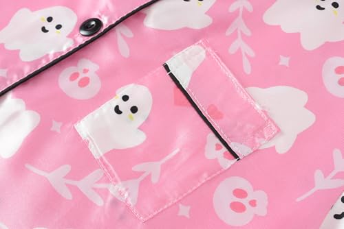 Pink Ghosts Halloween Satin Pajamas for Big Girls Silk Button Down Short Sleeve & Pants PJS Clothes Size 8-163