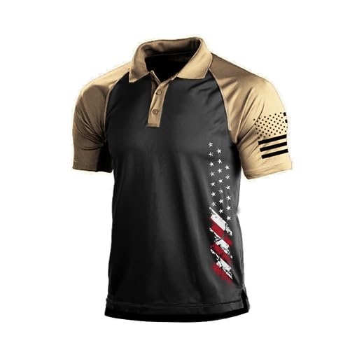 BlackTeak Men's Polo Shirt Short Sleeve Quick Dry American Flag Print Graphic Split Color Golf Shirt for Sport(XLarge, Khaki)