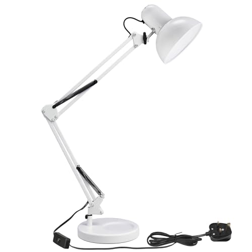 Warmiehomy 85cm Desk Lamp Adjustable Swing Arm Desk Lamps Classic White Metal Desk Light Mains Plug E27 Bulb Socket Stable Base Flexible Large Table Lamp for Home Office Studying Working