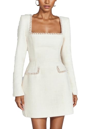 LETSVDO Women's Elegant Tweed Dress Long Sleeve Square Neck Pearl A Line Classy Formal Party Mini Dresses Fall 2024 White