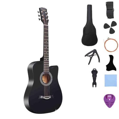 Hanshanyan アコースティックギター 38インチ 初心者練習 10点セット 入門用 持ち運び便利 ギターストラップ ソフトギターバッグ 付き 学生 大人通用 アコギ (ブラック)