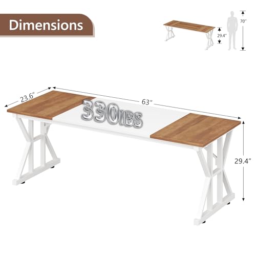 Image of 63 inch Large Computer Desk with Thickened Frame for Home Office, Living Room | Modern Simple Executive Desk, Larger Gaming Desk with X-Shaped ReInchforcement, Brown /White