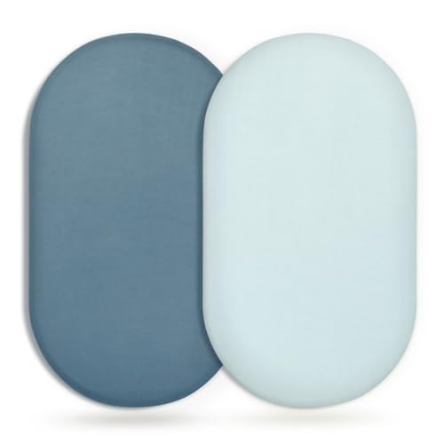 Image of GRSSDER Stretchy Ultra Soft Fitted Bassinet Sheet 2 Pack, Universal Fit for Bassinets Baby Cradle Moses Basket Oval Rectangle Mattress Safe and Snug, Jersey Bassinet Sheets for Girls, Blue/Navy