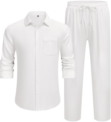 WEEN CHARM Mens Shirts Casual 2 Piece Long Sleeve Button Down Cuban Shirt and Pants Set Summer Beach Outfits2