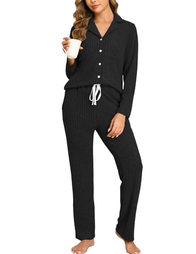 Veseacky Women Ribbed Knit Pajamas Set Lounge Set 2-Piece Sleepwear Nightwear Soft Brushed Jersey Pjs Set S-XXL