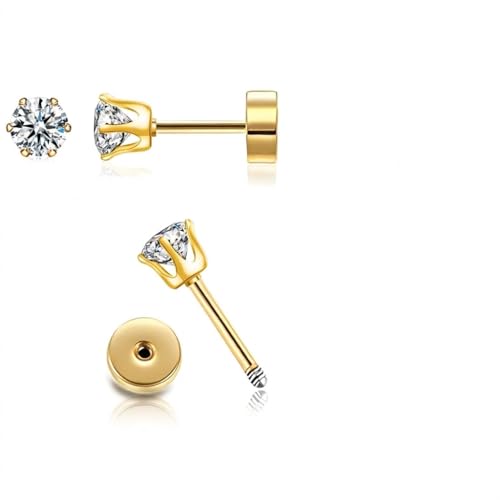 CZ Stud Earrings 14K Gold Stud Earrings Flat Back Cubic Zirconia Earrings for Helix Cartilage Earlobe Piercing Jewelry | Cartilage Earring | Helix Piercing Jewelry (4MM GOLD)