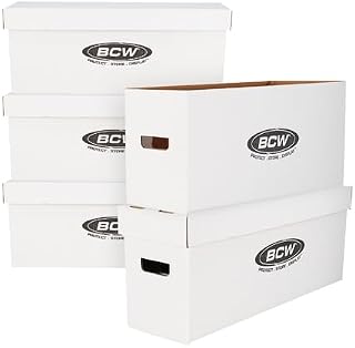 BCW Long Comic Storage Box - 5 ct | Holds 250–300 Current & Silver Age Comics | Sturdy 200 lb. for Cardboard Comic Book | Stackable Comic Storage Box for Collectors
