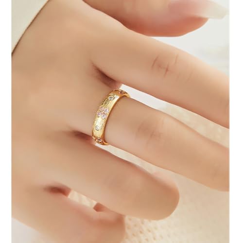 Kokoma Pink Crystal Cherry Blossom Ring Gold Plated Open Band Cubic Zirconia Statement Ring Wedding Promise Rings Fashion Jewelry for Women3