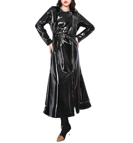 Trench long ajusté femme similicuir verni noir pour vos soirées