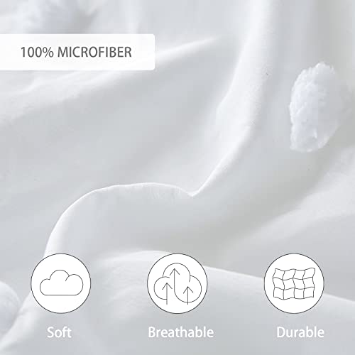 Flymme White Tufted Dots Comforter Set Queen Size 3 Pieces, Boho Pom Pom Comforter With 2 Pillowcases, Shabby Chic Tufts Comforter For All Season, Solid Soft Microfiber Boho Bedding For Women Girls #TOP2