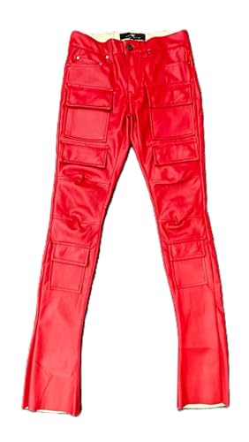 Jordan Craig Men's PU Leather Stacked Jeans, Red(JRF1218)