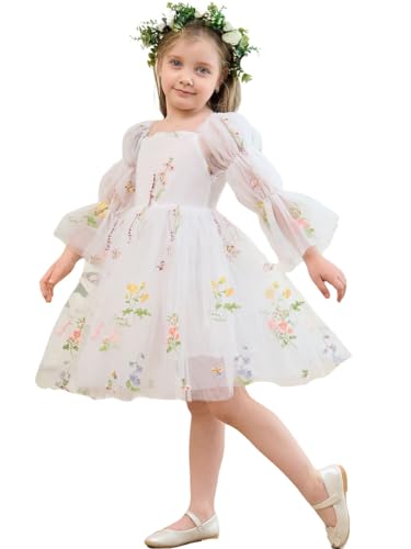 Flower Girl Dress Tulle Embroidery Long Sleeve Princess Toddler Baby Girls Fairy Wedding Pageant Gown