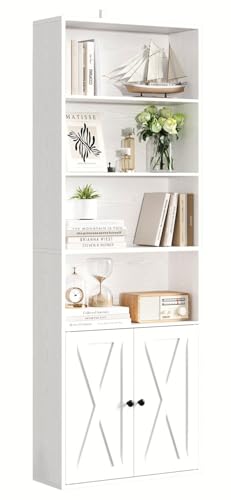 IRONCK Bookcase 6-Tier Bookshelf with Doors 180cm Tall Living Room Bookcases Display Shelf Storage Freestanding Book Shelf Unit for Home Office Dinning Room 60x23.5x180cm (White)