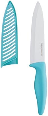 Farberware Ceramic Chef Knife with Custom-Fit Blade Cover, Razor-Sharp Kitchen Knife with Ergonomic Handle, Dishwasher-Safe, 6-inch, Aqua, 5263323