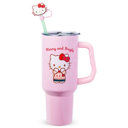 Silver Buffalo Sanrio Hello Kitty Christmas Holiday Sweater Merry and Bright Double Walled Stainless Steel Tumbler with Handle, Straw, and Straw Cap, Fits in Standard Cup Holder, 40 Ounces
