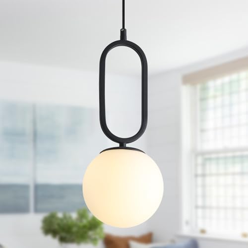 Image of Modern Black Pendant Lights Mid Century White Glass Hanging Light Fixture Retro Industrial Pendant Lamp Vintage Pendant Light for Kitchen Living Dining Room