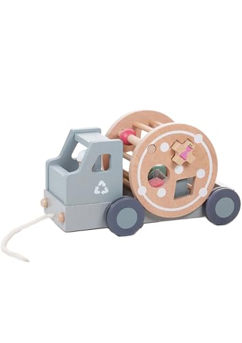 EverEarth Nachzieh Spielzeug Recycling Truck Pastell aus nachhaltigem Holz - animiert zum Rutschen, Krabbeln, Laufen - Zieh Spielzeug mit Bewegung und Motorikspiel - Ziehspielzeug EE33925