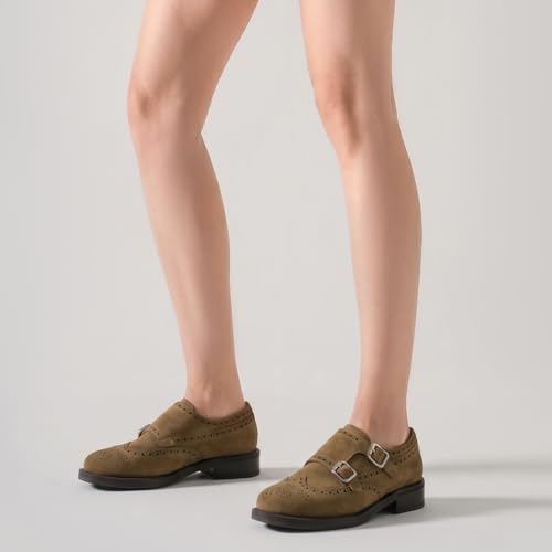 Image of BEAU TODAY Womens Leather Loafers, Monk Platform Loafer Shoes | Cowhide, Brogue Wingtip, Slip-on, Chunky Heel, Comfortable, Non-slip Durable, Business Casual Office Dress Shoes