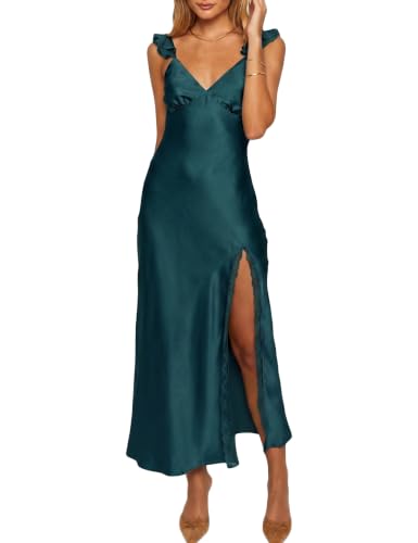 Image of KOUNAI Women's Satin Summer Lace Slit Formal Midi Dress for Wedding Guest | Silk,Elegant,Ruffle Sleeve,Cocktail,Bridesmaid, Beach, Vacation,Party,Adjustable Straps,Graduation,Baby Showe,Engagement