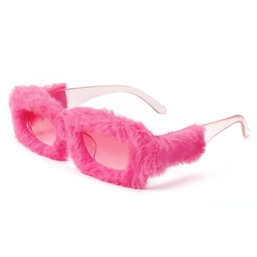 FEISEDY Women Plush Fuzzy Small Rectangle Sunglasses Punk Soft Velvet Shades Ladies Handmade Party Cosplay Eyewear B4093