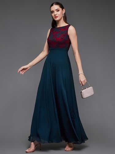 Image of Miss Chase Women's Brick Red & Dusty Green Boat Neck Sleeveless Self Design Lace Overlaid Regular Dress