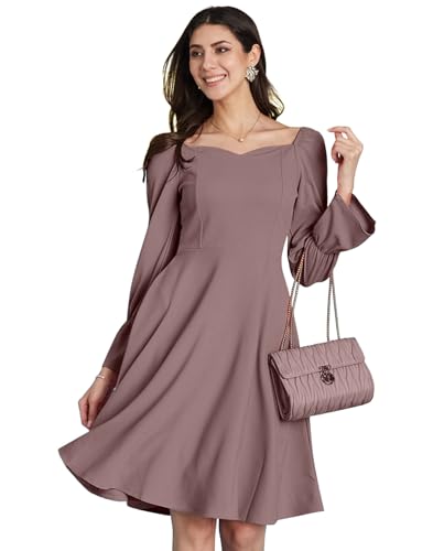 Image of SIRIL Women's Full Sleeve Polyester Solid Fit & Flare Dress, One Piece Dress for Women