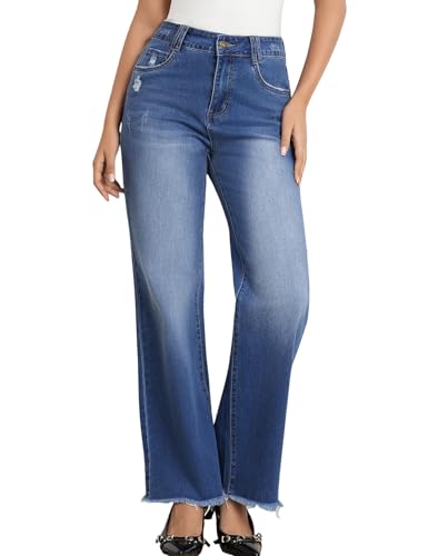 JK SUE JONES Wide Leg Jeans for Women Mid High Waist Straight Leg Boyfriend Mom Denim Pants Frayed Raw Hem