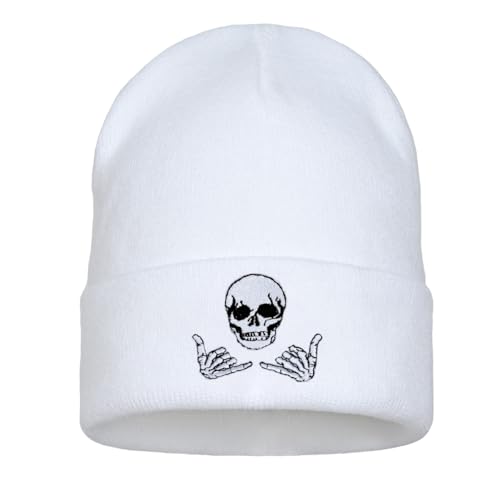 Image of Embroidered Skeleton Beanie Hat Winter Stretch Knit Skull Cap for Men Women