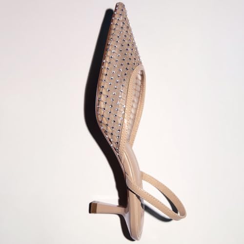 YIYA Women's Beige Sparkly Rhinestone Mesh Kitten Heels Closed Pointed Toe Slingback Mid Heels Slip On Wedding Dress Pumps Shoes4