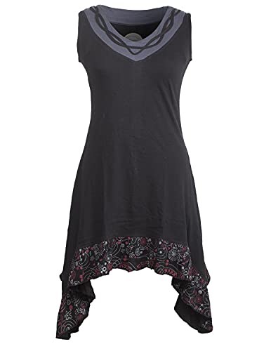 Vishes - Alternative Bekleidung - Armloses Hippie Zipfelkleid aus Baumwolle mit V-Ausschnitt und Rüschen schwarz 42