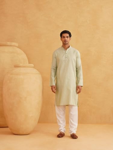 Image of SOJANYA (Since 1958 Timeless Elegance-Pista Green Kurta & Cream Nehru Jacket for The Festive Season