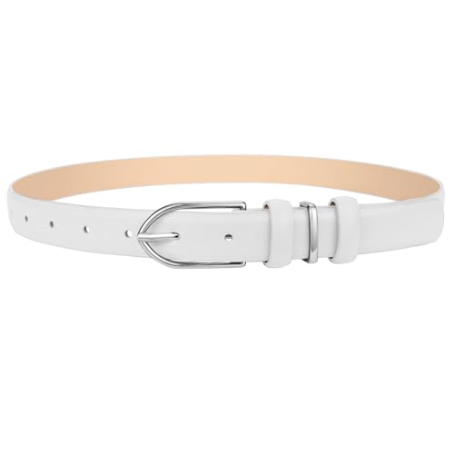 SUOSDEY White Women Skinny Leather Belt for Jeans Dresses with Polished Pin Buckle Thin Ladies Leather Waist Belt Width 0.9