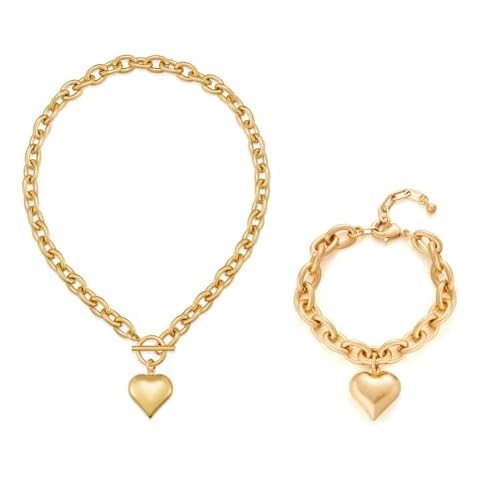 CLASSYZINT Heart Pendant Chain Necklace and Gold Chunky Link Heart Charm Bracelets Cover