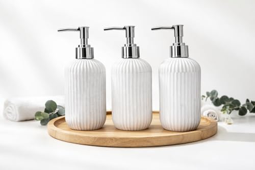 Image of LAGET 300ml Soap Dispenser for Wash Basin - Plane Ribbed Design | Kitchen and Bathroom Accessories Items | Refillable Handwash Dispenser Bottle- Set of 3 (White)