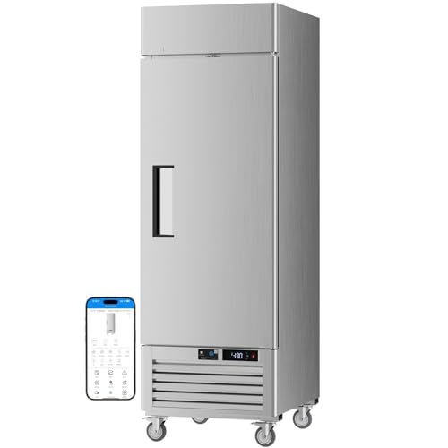 Image of VEECOOL 27 inch WiFi Enabled Commercial Freezer Upright with App Control, 23 cu.ft. Stainless Steel Single Door Reach-in Freezer with 4 Shelves, Right Hinged Door, Auto Defrost, ETL&ETL Sanitation