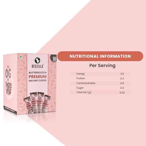 Bevzilla 96 Instant Coffee Powder Sachets (Butterscotch) - 192 Grams| Hot & Cold Coffee| Makes 96 Cups| Arabica Coffee| Best For Espresso, Latte, Cappuccino