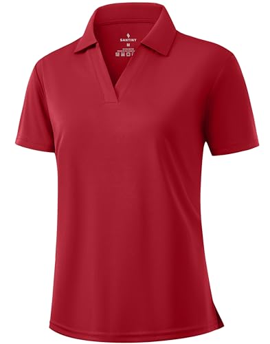 SANTINY Womens Golf Shirt Collared V-Neck Casual Work Tennis Tops UPF50+ Collared Polo Shirts for Women (Red_L)