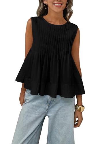 Megfie Womens Summer Pleated Peplum Sleeveless Blouse Tank Tops Round Neck Y2K Babydoll Blouse Shirt(0869-Black-L)